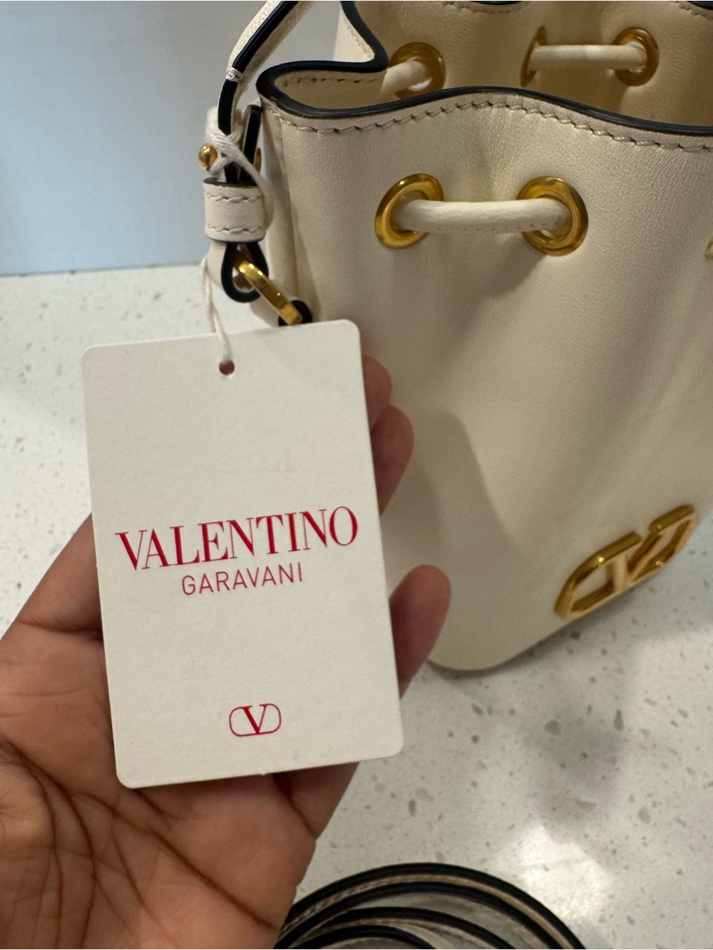 NWT & BOX Valentino Garavani Cream Leather VLogo Mini Drawstring Bag - Picture 15 of 15